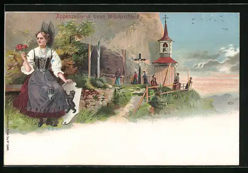 Lithographie Aescher-Wildkirchli, Appenzellerin in Tracht beim Wildkirchlein