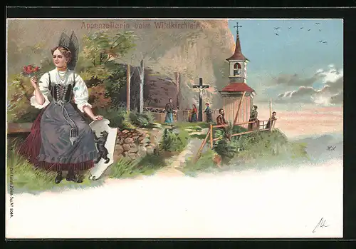 Lithographie Aescher-Wildkirchli, Appenzellerin in Tracht beim Wildkirchlein