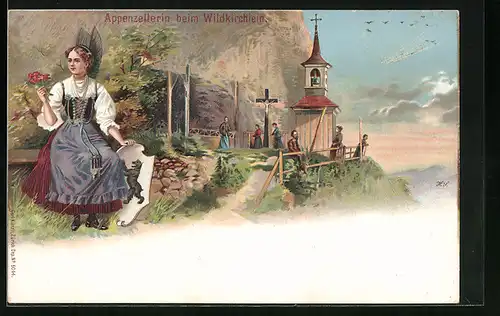 Lithographie Aescher-Wildkirchli, Appenzellerin in Tracht beim Wildkirchlein