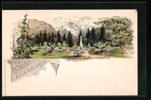 Lithographie Interlaken, Ansicht auf den Kurgarten