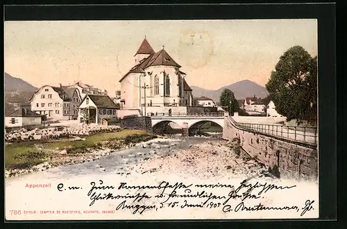 AK Appenzell, Ortspartie mit Kirche und Brücke