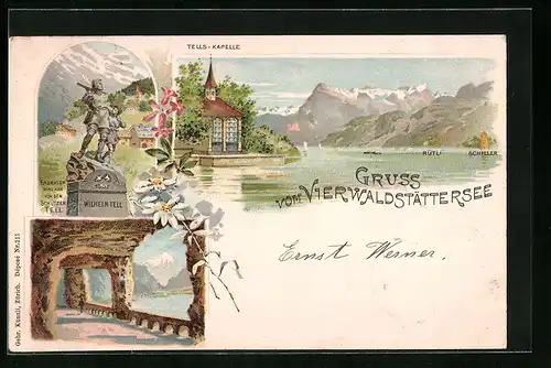 Lithographie Vierwaldstätter See, Tells Kapelle mit See, Tell-Denkmal