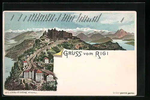 Lithographie Rigi, Ortsansicht aus der Vogelschau mit Bergpanorama