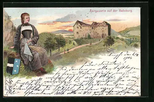 Lithographie Habsburg, Aargauerin auf der Habsburg