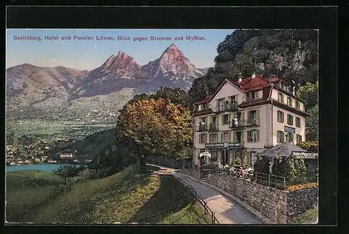 AK Seelisberg, Ortsansicht hinter Hotel und Pension Löwen