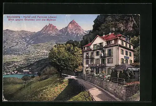 AK Seelisberg, Hotel Löwen - Blick gegen Brunnen und die Mythen