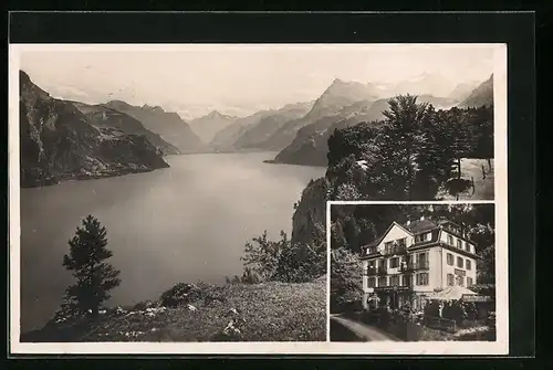 AK Seelisberg, Hotel und Pension Löwen mit Blick gegen Bristenstock, Gitschen und Urirotstock