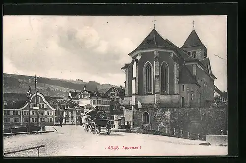 AK Appenzell, Strassenpartie mit Kirche und Pferdewagen