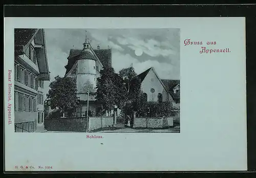 Mondschein-AK Appenzell, Blick zum Schloss