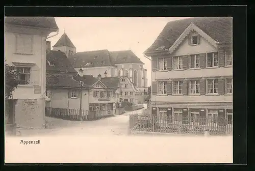 AK Appenzell, Strassenpartie mit Geschäft und Kirche