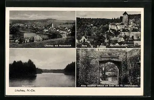 AK Litschau, Panorama, Herrenteich, Burg und altes Stadttor