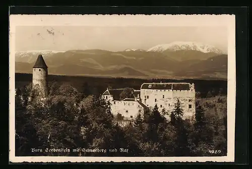 AK Burg Seebenstein, Panorama mit Schneeberg und Rax