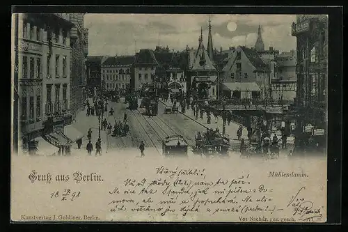 Mondschein-AK Berlin, Mühlendamm mit Restaurant und Strassenbahn