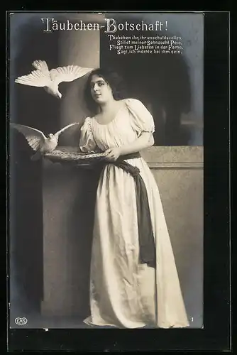 Foto-AK EAS: Junge Frau will Täubchen-Botschaft an den Liebsten verschicken