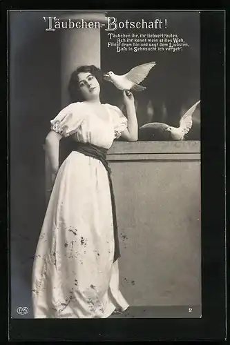 Foto-AK EAS: Junge Frau im weissen Kleid möchte Täubchen-Botschaft verschicken