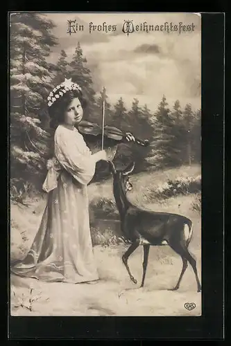 Foto-AK EAS: Mädchen spielt Violine in Waldkulisse mit Reh - Weihnachtsgruss