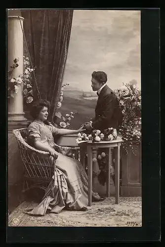AK NPG Nr. 1111 /4: Junger Mann macht einer hübschen Dame Avancen