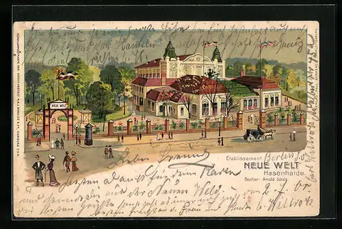 Lithographie Berlin-Neukölln, Hasenhaide, Restaurant Neue Welt