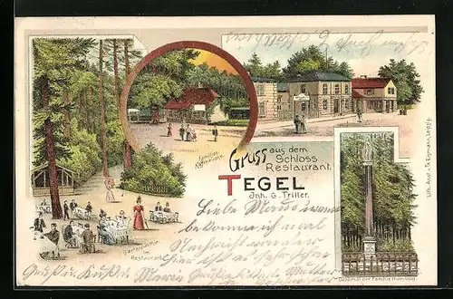 Lithographie Tegel, Schloss-Restaurant von G. Triller, Denkmal der Familie Humbold