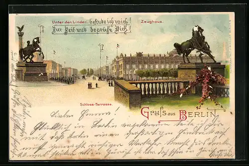 Lithographie Berlin, Strasse Unter den Linden mit Zeughaus und Schloss-Terrasse