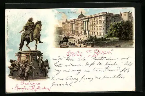 Lithographie Berlin, Köngliches Schloss, Denkmal des Grossen Kurfürsten
