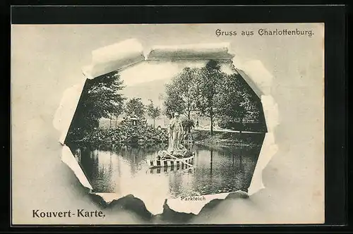 AK Berlin-Charlottenburg, Parkteich mit Boot durch zerrissenes Papier