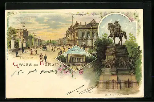 Lithographie Berlin, Schlossbrücke und Ruhmeshalle, Neue Wache, Denkmal Friedrich d. Grosse