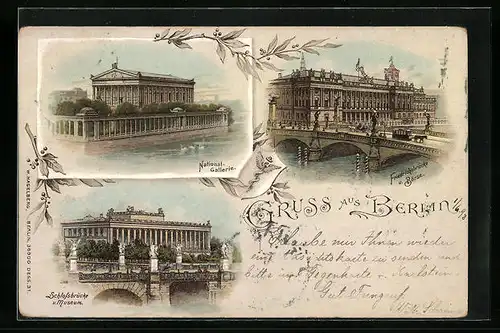 Lithographie Berlin, Friedrichsbrücke und Börse, National-Gallerie, Schlossbrücke und Museum