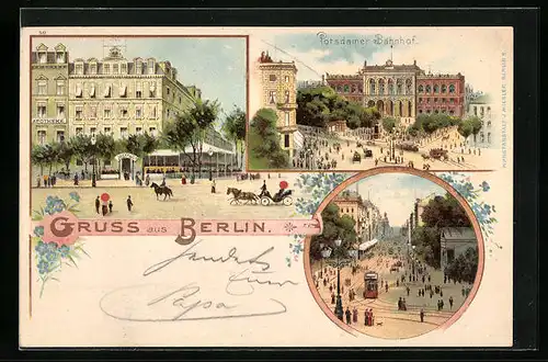 Lithographie Berlin, Cafe Josty & Co. mit Apotheke, Potsdamer Bhanhof, Strassenpartie mit Gebäudeansicht u. Strassenbahn