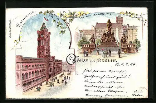 Lithographie Berlin, Rathaus, Das Lutherdenkmal, Neuer Markt