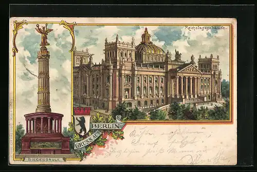 Lithographie Berlin, Reichstagsgebäude, Siegessäule