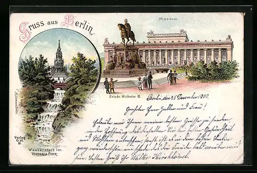 Lithographie Berlin, Museum und Denkmal Friedrich Wilhelm III., Wassersturz im Victoria-Park