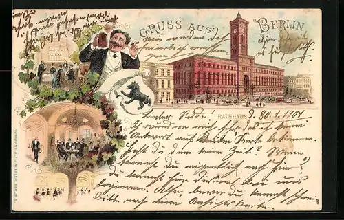 Lithographie Berlin, Rathaus, Innenansichten Gasthaus, Königstrasse