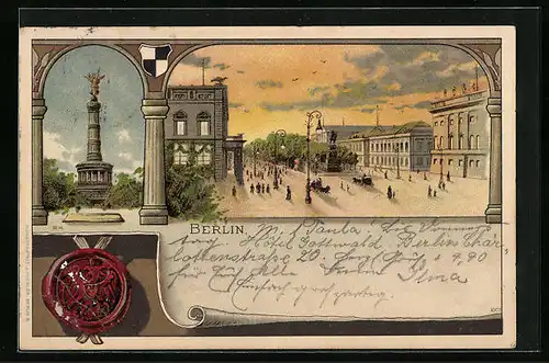 Lithographie Berlin, Strassenpartie mit Denkmal, Siegessäule, Siegel