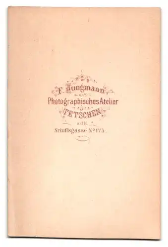 Fotografie F. Jungmann, Tetschen, Schiffsgasse Nr. 173, Geistlicher mit Gebetsbuch am Sekretär sitzend