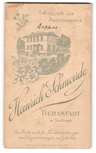 Fotografie Heirnich Schmorrde, Bernstadt, Ansicht Bernstadt, Blick auf das Ateliersgebäude mit Garten