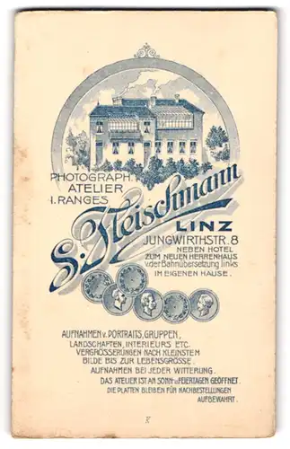 Fotografie S. Fleischmann, Linz, Ansicht Linz, Frontansicht des Ateliers in der Jungwirthstrasse 8