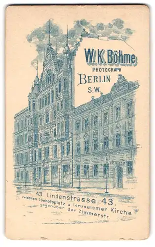 Fotografie W. K. Böhme, Berlin, Ansicht Berlin, Strassenpartie mit Blick zum Atelier in der Lindenstrasse 43