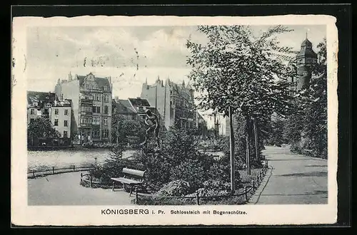 AK Königsberg i. Pr., Schlossteich und Bogenschütze