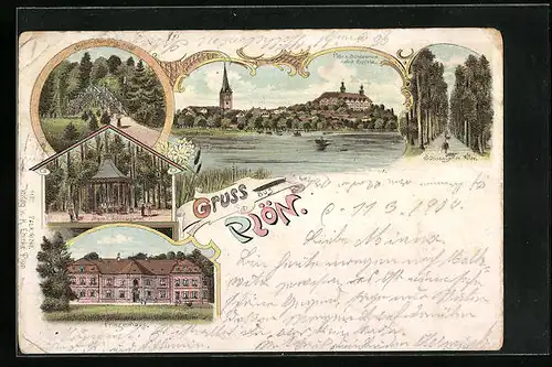 Lithographie Plön, Ortsansicht vom Schwanensee nebst Schloss, Prinzenhaus