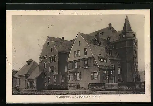 AK Frankfurt-Fechenheim, Schiller-Schule mit Strassenpartie