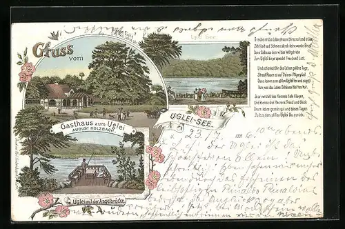 Lithographie Eutin, Uglei-See mit Gasthaus zum Uglei, Inh.: August Holzbach