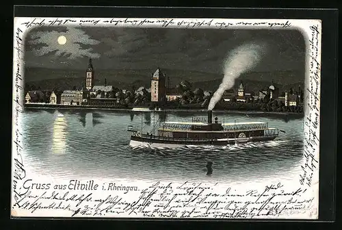 Lithographie Eltville i. Rheingau, Ortsansicht vom Rhein aus mit Dampfer