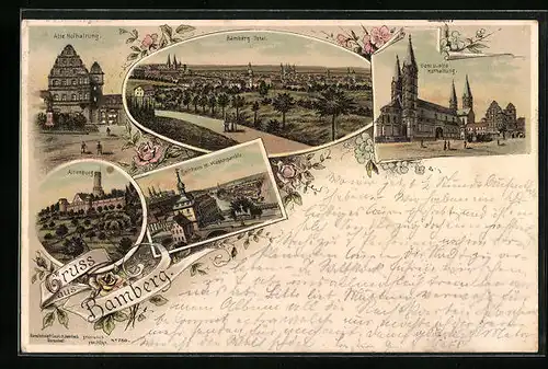 Lithographie Bamberg, Totalansicht, Alte Hofhaltung, Dom, Altenburg