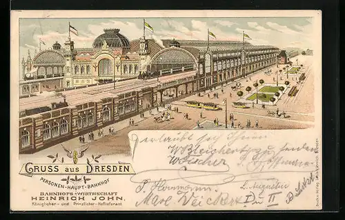 Lithographie Dresden, Personen-Haupt-Bahnhof mit Dampfzug und Strassenbahnen