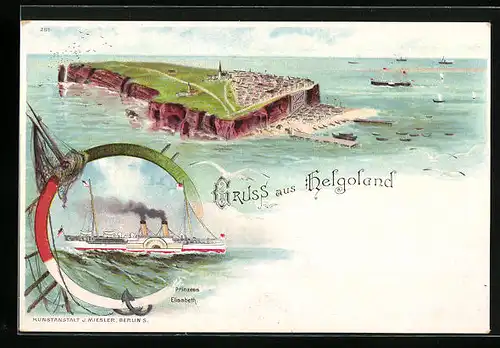 Lithographie Helgoland, Gesamtansicht mit Dampfer Prinzess Elisabeth