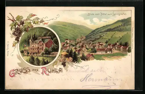 Lithographie Ruhla, Ortsansicht mit Hotel zum Landgrafen