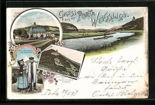Lithographie Porta Westfalica, Hotel Kaiserhof, Kaiser Wilhelm Denkmal, Westfälisches Bauernpaar