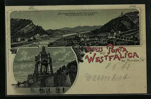 Lithographie Porta Westfalica, Panorama der Porta und Kaiser Wilhelm Denkmal bei Dämmerung