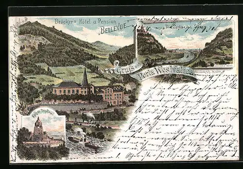 Lithographie Porta Westfalica, Bröckers Hotel und Pension Bellevue aus der Vogelschau, Kaiser-Denkmal